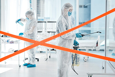 Buy stock photo Covid, cleaning and red tape with medical team in hospital with ppe and spray for disinfection, hygiene and bacteria. Warning, virus and stop with healthcare worker in suit for safety and caution