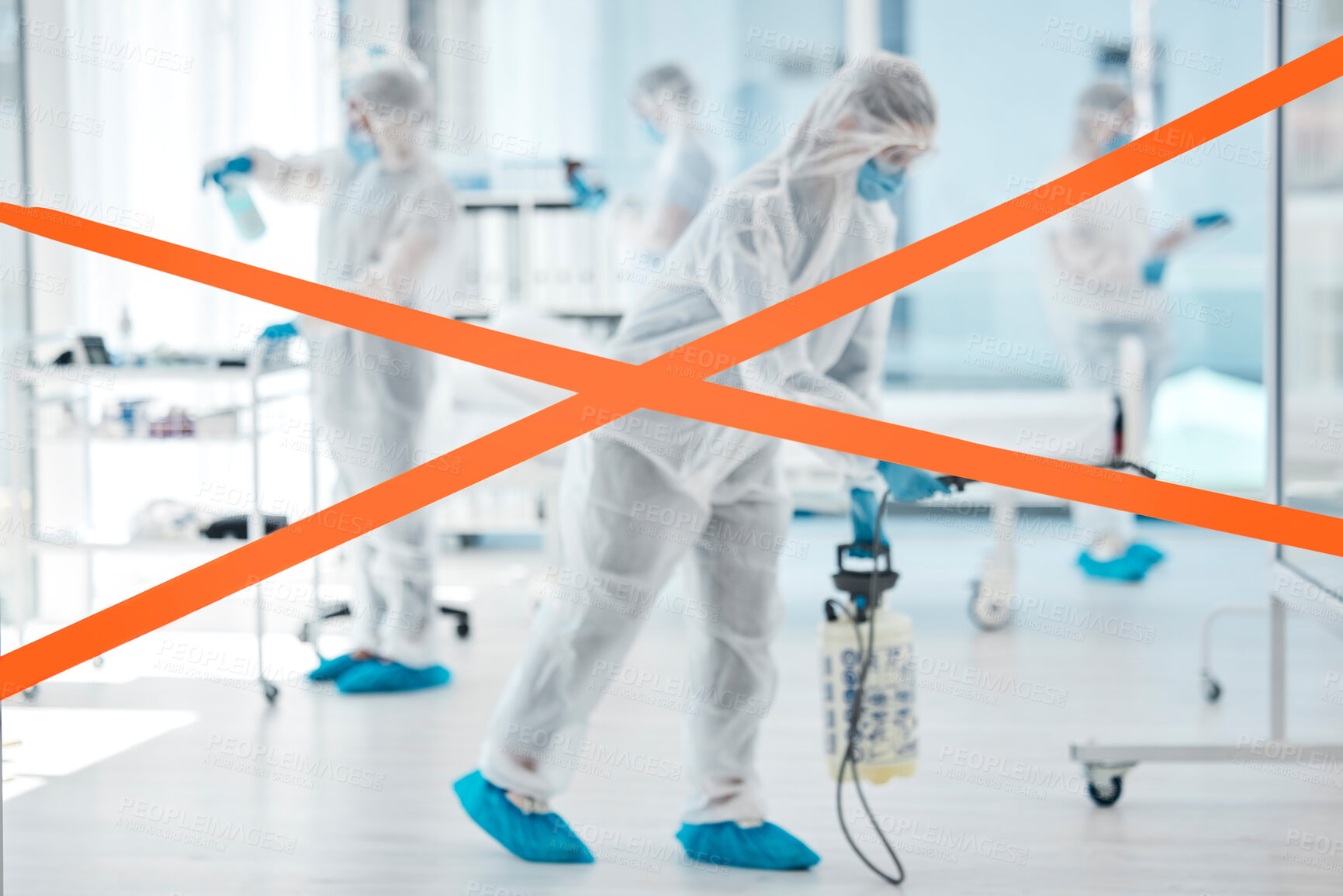 Buy stock photo Covid, warning tape and cleaning team using disinfection spray, ppe and products to clean and stop bacteria, virus or corona in hospital. Healthcare, cleaner and staff for safety during covid 19