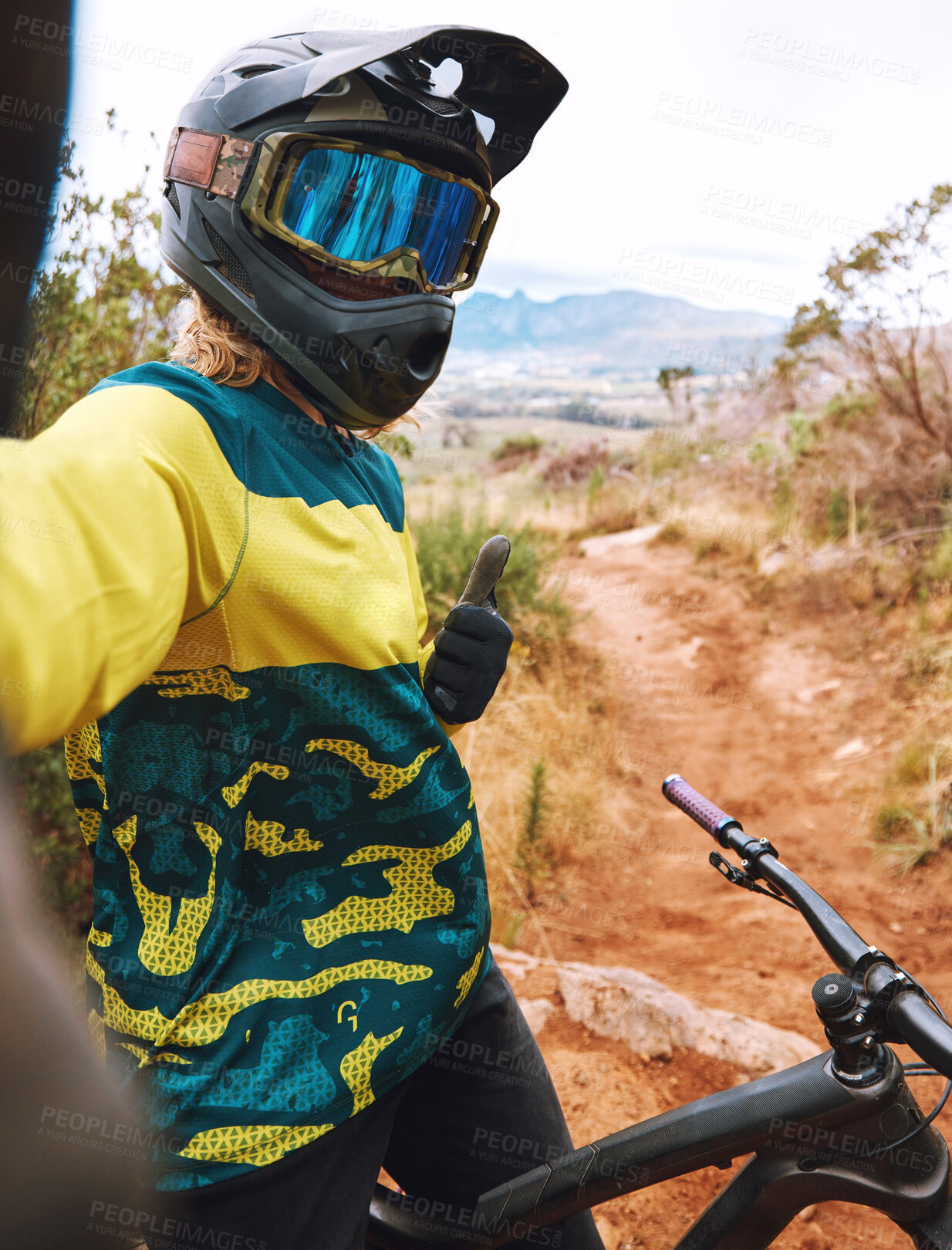 Buy stock photo Selfie, cycling and thumbs up by man on bicycle in nature for sport, training and cardio on dirt road. Fitness, influencer and hand thank you sign by cyclist for online, social media and sports blog