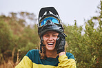Phone call, smile and cycling man outdoor calling, talking and mobile speaking with happiness. Happy, sports and bike ride of an athlete in a funny conversation laughing after nature exercise 
