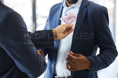 Buy stock photo Bribe handshake, dollar or businessman with cash, money or euro for finance, illegal partnership bribery. Business people, politician shaking hands or money laundering scam payment or corporate fraud