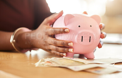 Buy stock photo Piggy bank, savings and black hands with bills for investment, retirement cash and monthly finance. Emergency fund growth, future plans and profit money for investing, pay off debt and income payment