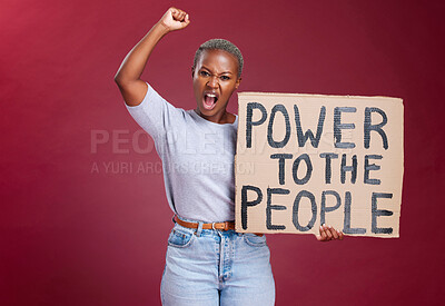 Buy stock photo Black woman, protest and poster for human rights, power and equality or asking for change and freedom to stop racism. African female shout, fight and vote while holding cardboard sign and fist 