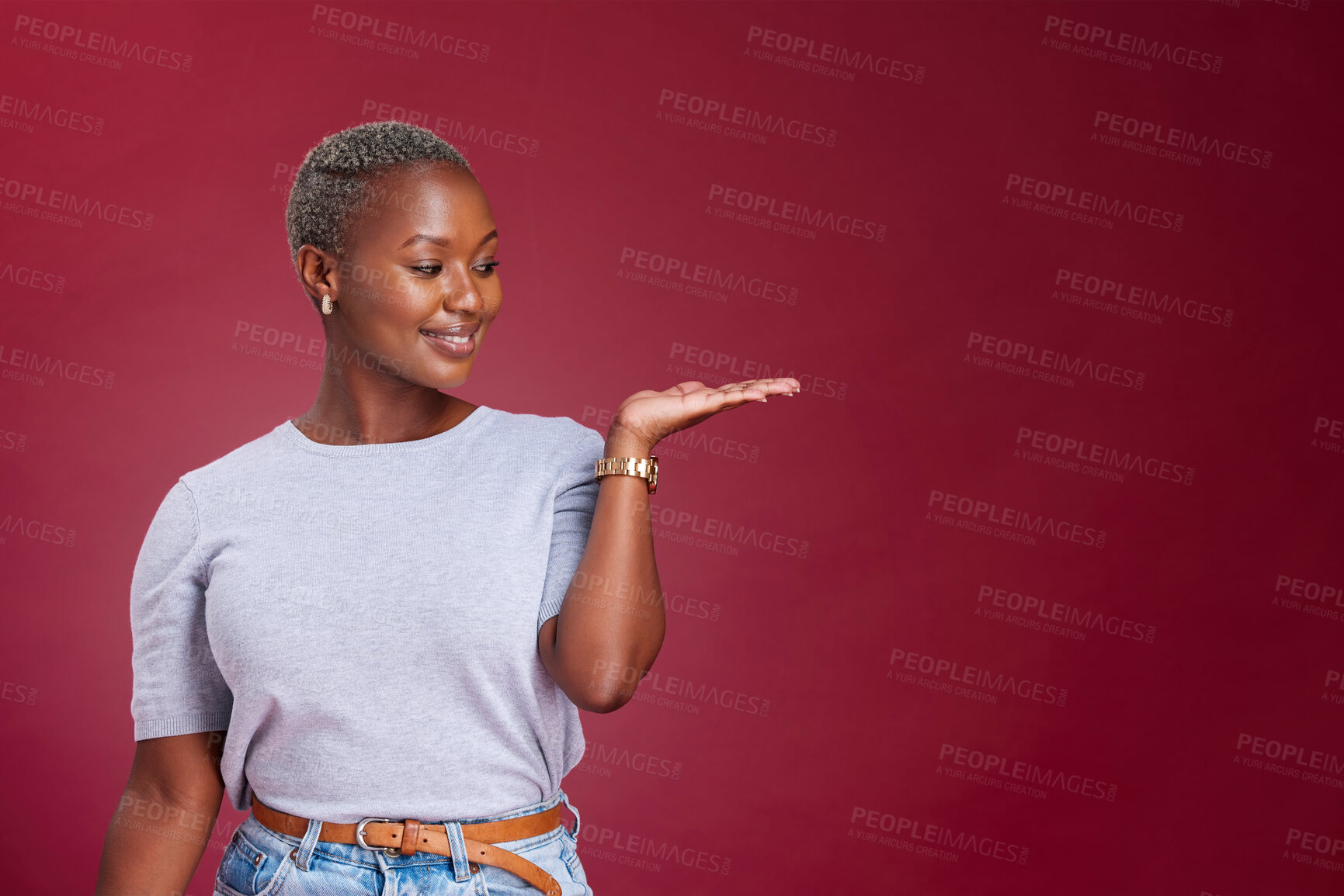 Buy stock photo Studio woman, advertising mockup and red background, marketing space and blank wall design for presentation, product placement and promo commercial. Happy young black model, mock up and offer advice 