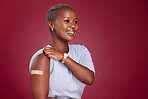 Covid, vaccine and arm with a black woman in studio on a red background with mockup to promote health. Medical, medicine and healthcare with a female getting her vaccination during the corona virus