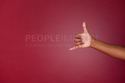 Buy stock photo Shaka, sign and hand of a happy person with emoji for surfing, cool and relax against a purple mockup studio background. Marketing, advertise and hands for call me and happiness with mock up space