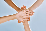 Huddle hands of business people for support, teamwork or community for business deal success, motivation or company goal. Team building hand, diversity or collaboration for networking or goal trust  