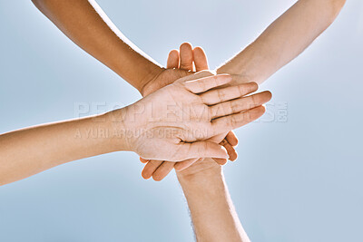 Buy stock photo Huddle hands of business people for support, teamwork or community for business deal success, motivation or company goal. Team building hand, diversity or collaboration for networking or goal trust  