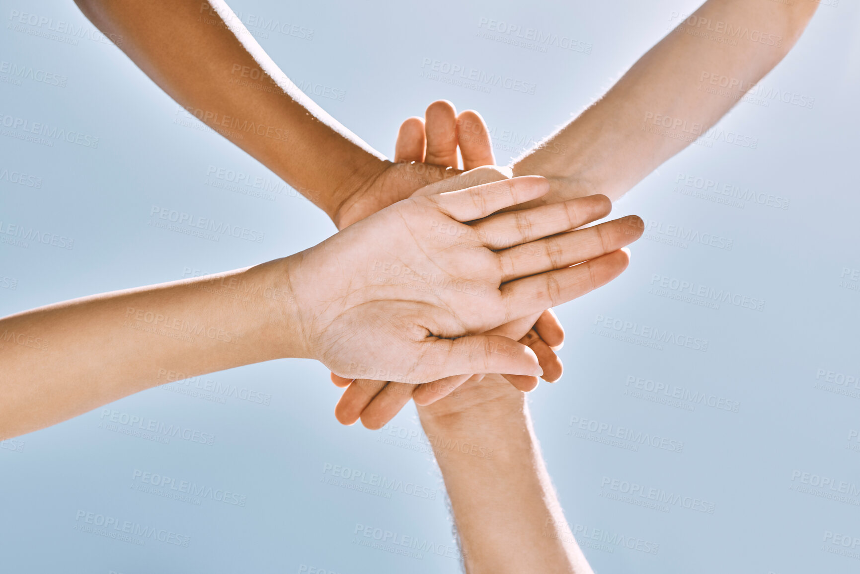 Buy stock photo Huddle hands of business people for support, teamwork or community for business deal success, motivation or company goal. Team building hand, diversity or collaboration for networking or goal trust  