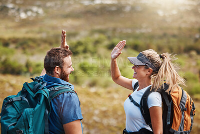 Buy stock photo High five, success and couple hiking in nature with motivation, goal and support in Puerto Rico. Teamwork, celebration and man and woman excited about travel adventure on a mountain for holiday