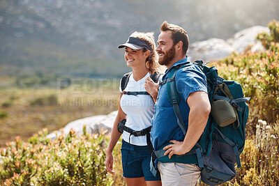 Buy stock photo Travel, hiking and couple trekking in nature for holiday, adventure and summer together in Norway. Happy, smile and man and woman on a mountain walk for an outdoor vacation on a field for happiness