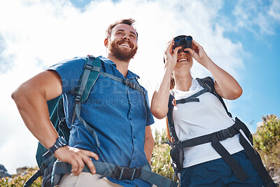 Buy stock photo Hiking couple, woman using binoculars and adventure happy together with nature sky on travel. Smile outdoor man, backpack girl happiness and summer trekking holiday on freedom journey in Cape Town