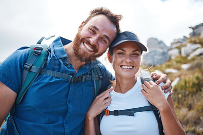 Buy stock photo Hiking, couple and adventure outdoor, healthy and enjoy nature with smile, happy and bonding together. Hike, man and woman being active, workout and on mountain range for wellness, fitness and fun.