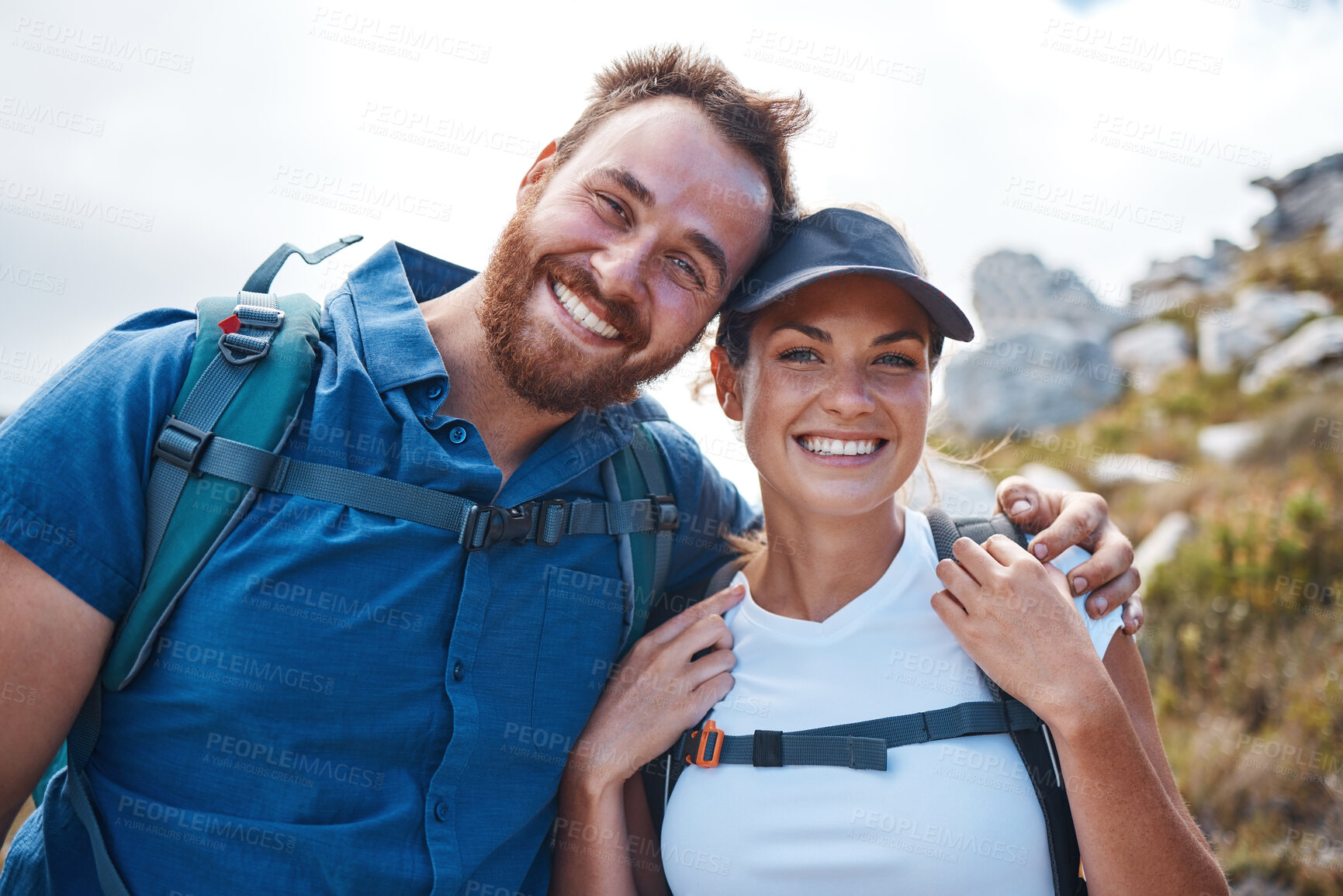 Buy stock photo Hiking, couple and adventure outdoor, healthy and enjoy nature with smile, happy and bonding together. Hike, man and woman being active, workout and on mountain range for wellness, fitness and fun.