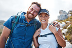 Hiking, fitness and love with a couple in the mountains for exercise, adventure or cardio during the day. Nature, health and training with a man and woman walking outdoor on a mountain trail together
