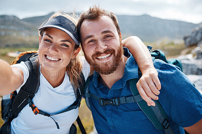 Buy stock photo Nature, couple and hiking selfie portrait with smile for fun, adventure and health lifestyle in Mexico. Mountain, trekking and outdoor people dating enjoy happy backpack photograph together.


