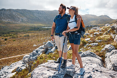Buy stock photo Health, hiking and couple on mountain range for workout, balance and stick to enjoy nature, wellness and relax. Man, woman and hike for bonding, loving and enjoy natural view for health or fitness.