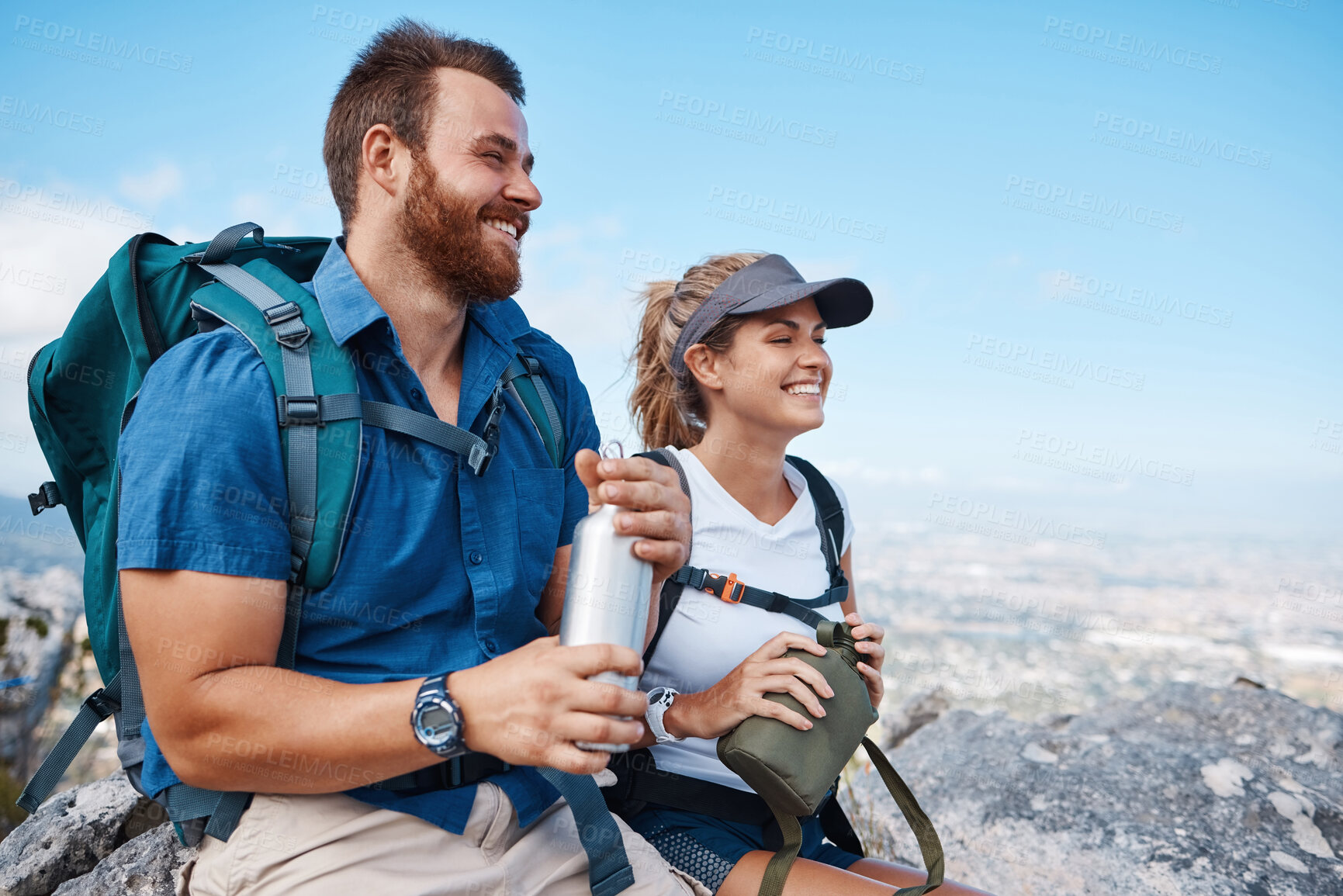 Buy stock photo Happy, couple and relax for hiking, backpacking or travel with smile on adventure together in the outdoors. Man and woman smiling in happiness for trekking journey, trip or hike on mountain cliff