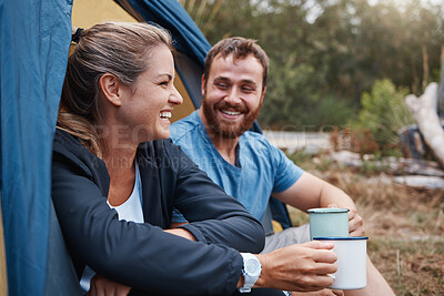 Buy stock photo Couple, bonding or drinking coffee in camping tent in nature earth environment, Canada woods or sustainability forest. Smile, happy woman or laughing man with tea on romance love date in countryside