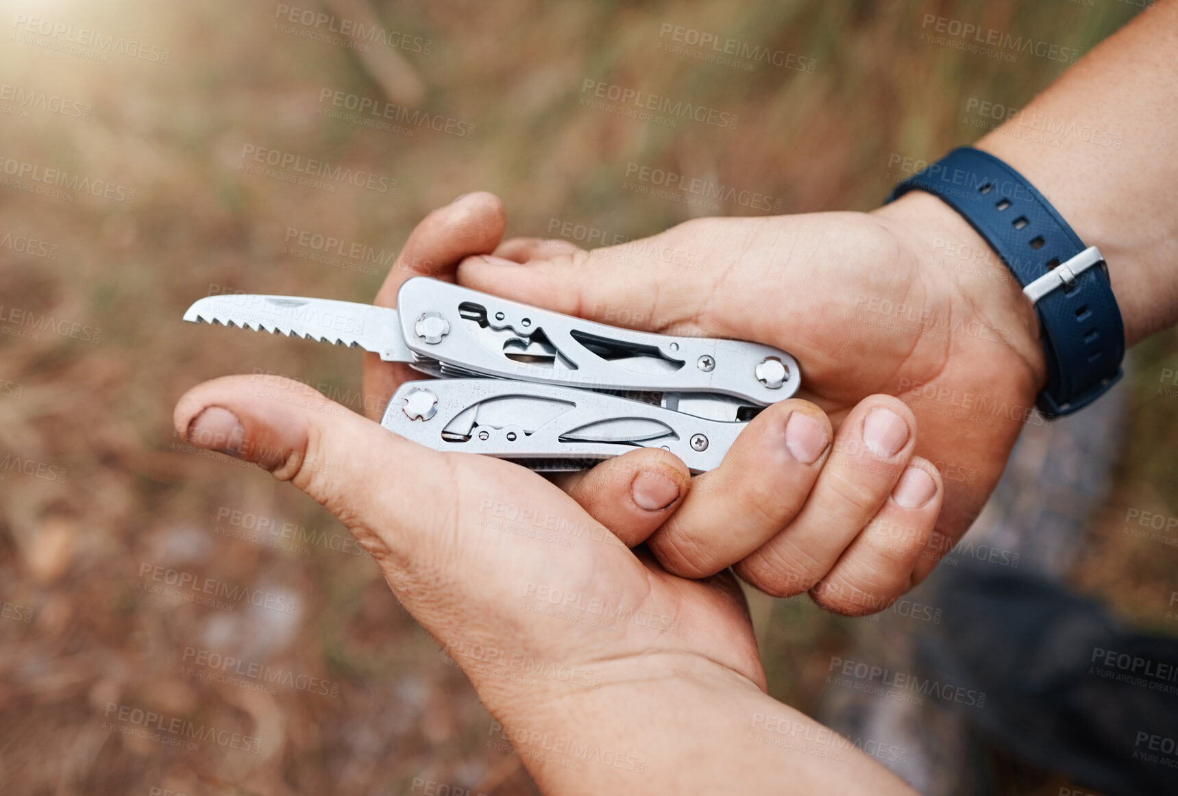 Buy stock photo Man, multi purpose knife and camping in nature, forest and survival gear for adventure in mountains, woods and park. Guy hands, pocket tools and practical swiss metal weapon object for outdoor hiking