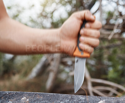 Buy stock photo Man, hand and knife in nature forest, sustainability woods and countryside environment for cutting and carving tree bark. Zoom, hiking and camping person with sharp blade, metal weapon or steel tools