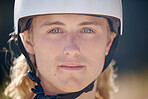 Fitness, cycling and portrait of man with helmet macro for exercise, workout and sport safety. Young biker sports guy ready for outdoor cyclist cardio and wellness for an active lifestyle.

