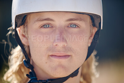 Buy stock photo Fitness, cycling and portrait of man with helmet macro for exercise, workout and sport safety. Young biker sports guy ready for outdoor cyclist cardio and wellness for an active lifestyle.

