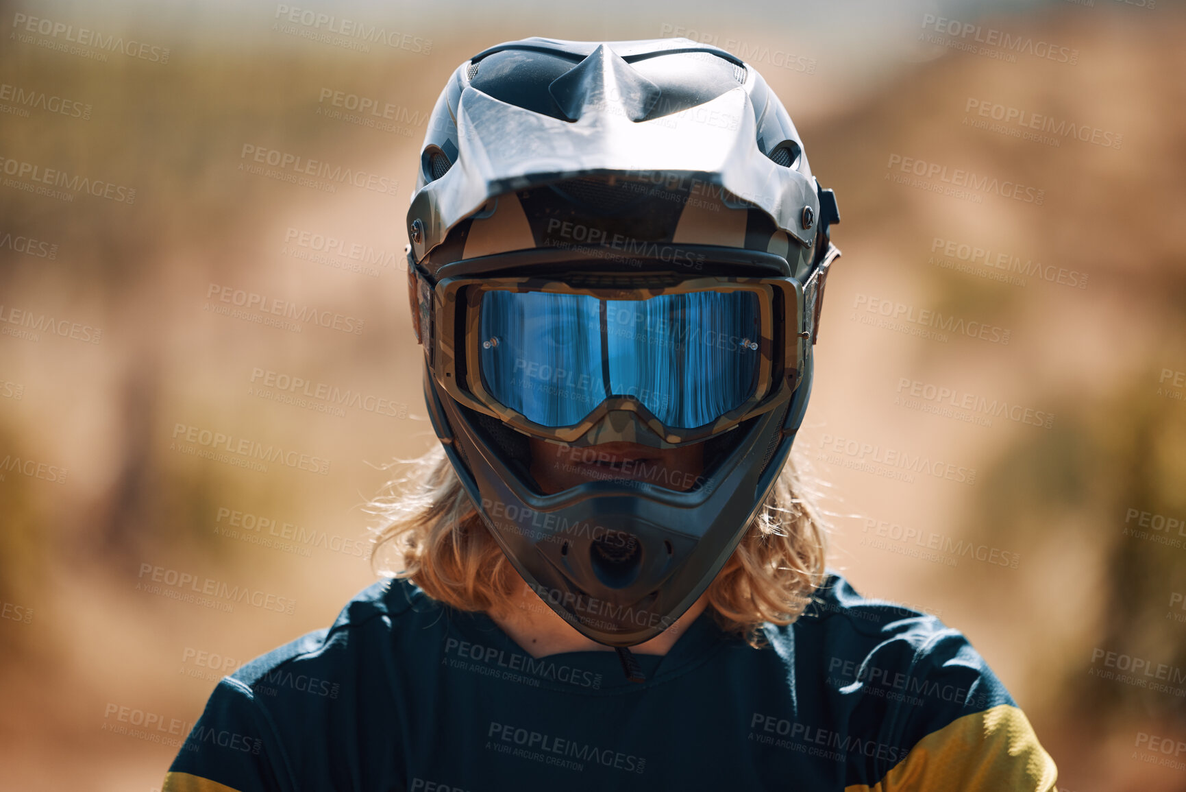 Buy stock photo Sports, motorcross and portrait of man with helmet for dirt racing, mountain biking and training. Adventure, cycling and headshot of biker on dirt road with neon visor safety gear, ready for action