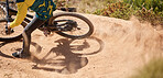 Dirt bike, dust and rider for sports workout in the mountain for fitness and active lifestyle. Bicycle, cyclist and cycling sportsman for fun adrenaline activity while biking in nature for adventure