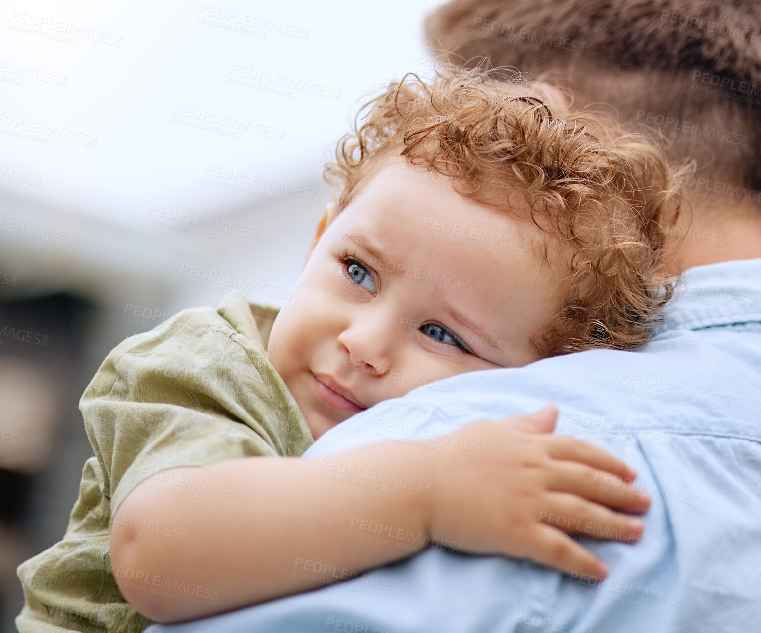 Buy stock photo Baby, sad and closeup on dad shoulder for care, bonding and love together in family home while moody. Child, infant boy and sadness with zoom of tired face while man, father or parent carry young kid
