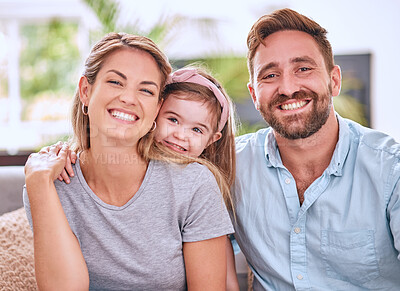 Buy stock photo Happy family, mother with child and father relax on living room sofa with a smile while bonding together at home. Mom, dad and little girl sitting on a couch with peace, love and  happiness in lounge