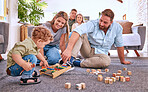 Parents, learning and child playing with toys for education and development at home. Motor skills, childhood education and little boy playing with abacus with mother and father for bonding and care