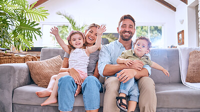 Buy stock photo Happy family portrait, parents and kids relax on living room sofa, couch and together for love, care and happiness in Australia. Smile mom, dad and excited children in lounge, family home and house 