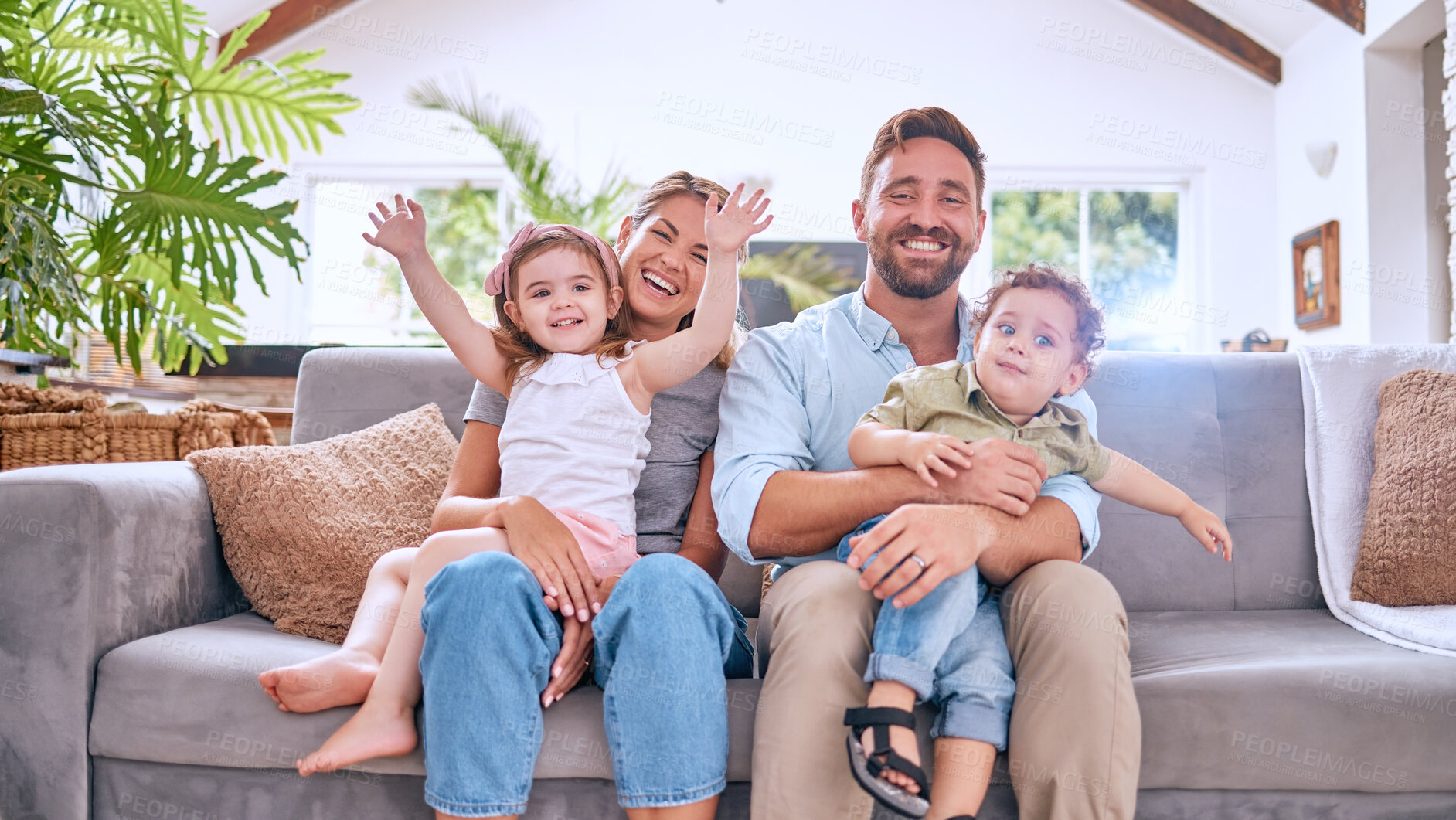Buy stock photo Happy family portrait, parents and kids relax on living room sofa, couch and together for love, care and happiness in Australia. Smile mom, dad and excited children in lounge, family home and house 