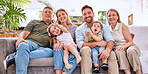 Happy family with kids, parents and grandparents on sofa with smile in living room. Happiness, family and generations of men, women and children spending time in home together making happy memories.