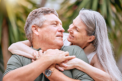 Buy stock photo Senior couple, travel and hug in nature for love, support and care outdoor on retirement vacation for health and wellness. Elderly man and women happy about commitment, marriage and quality time