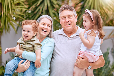 Buy stock photo Grandparents, children and family, love and smile together in portrait, with elderly retired couple bonding and vacation in outdoor location. Retirement, happy and spending quality time in nature.