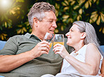 Senior, couple and toast on vacation with drink, cocktail or juice to relax, romance or bonding in nature. Elderly man, woman and retirement with smile, happy and love with glass in garden together