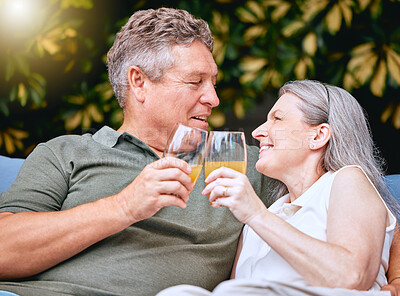Buy stock photo Senior, couple and toast on vacation with drink, cocktail or juice to relax, romance or bonding in nature. Elderly man, woman and retirement with smile, happy and love with glass in garden together
