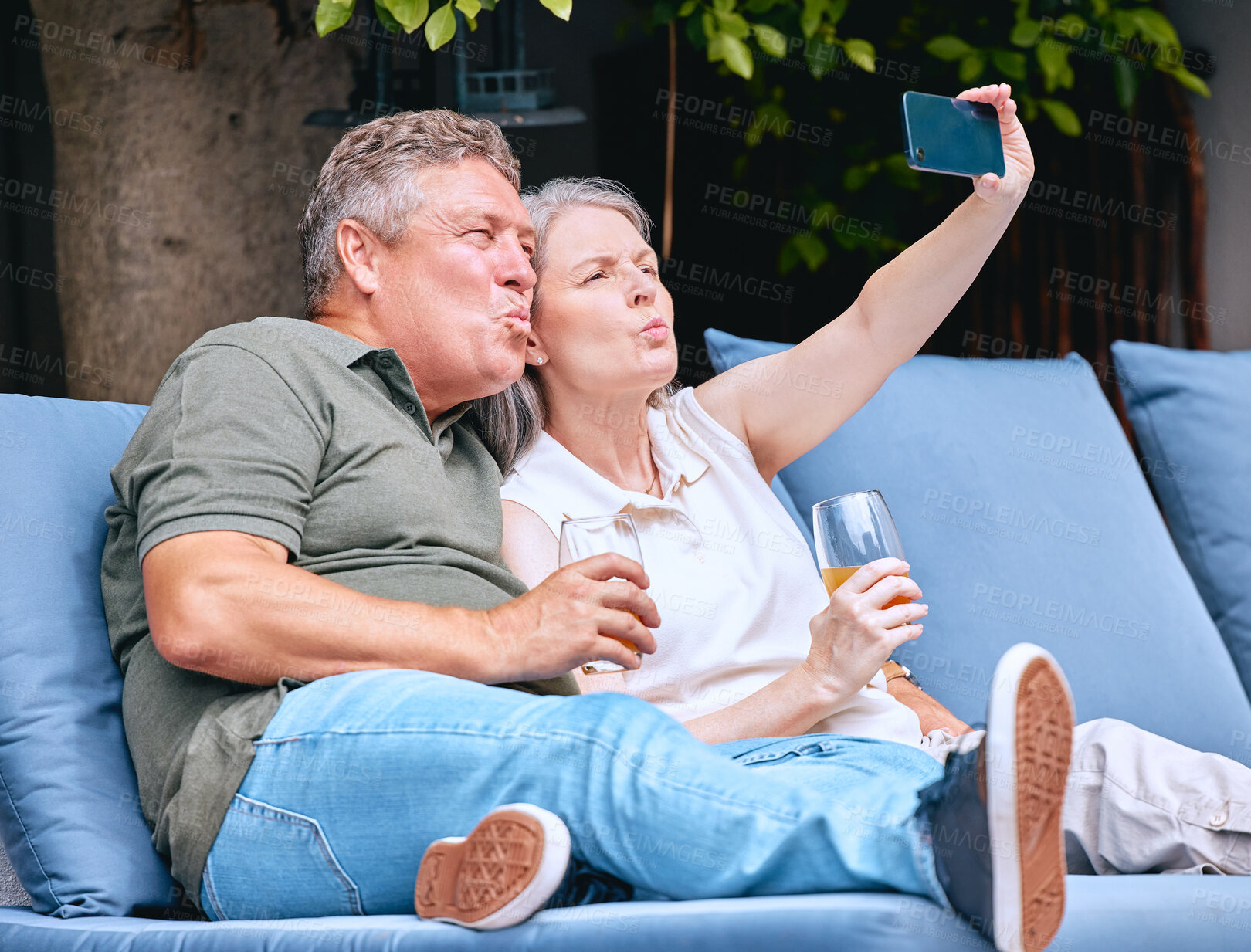 Buy stock photo Phone, love and old couple take a selfie on holiday vacation in Amsterdam for bonding while drinking wine. Retirement, traveling and happy woman enjoys taking pictures with senior partner outdoors
