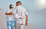 Love, senior couple and beach for walking, vacation and happy being loving together, travel or hug. Romance, mature man and elderly woman embrace on tropical island, relax or seaside sand for holiday