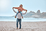 Portrait of dad with girl kid on shoulders at beach, sea and nature for happy family vacation, holiday and relax in Australia. Excited father piggy back smile child at ocean shore for relax lifestyle