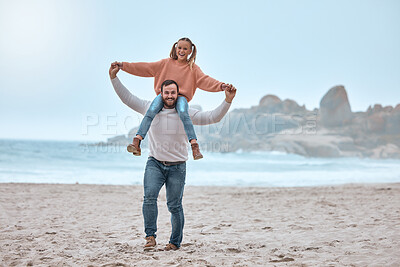 Buy stock photo Portrait of dad with girl kid on shoulders at beach, sea and nature for happy family vacation, holiday and relax in Australia. Excited father piggy back smile child at ocean shore for relax lifestyle