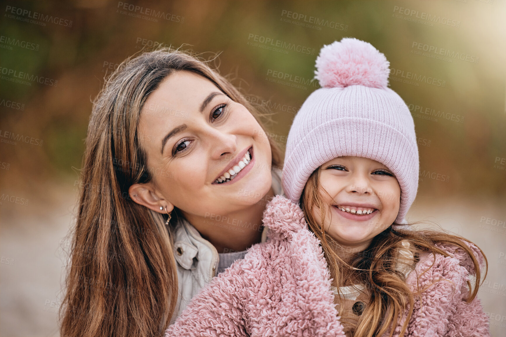 Buy stock photo Nature, love and portrait of mother with child outside on happy family vacation making memories. Happiness, woman and toddler girl smile and relax in park spending bonding time together in garden.