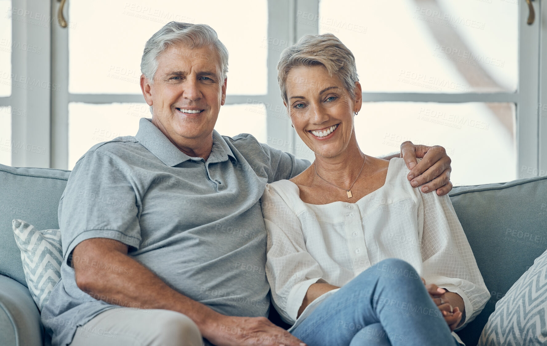Buy stock photo Love, hug and portrait of senior couple relax on home living room sofa, bonding and enjoy quality time together. Partnership trust, peace and elderly romantic man, woman or people happy in retirement
