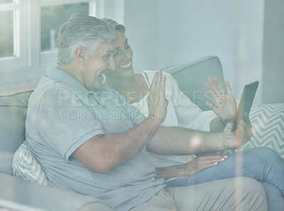 Buy stock photo Senior couple, wave and tablet video call of happy man and woman for connection and communication. Mature people, online tech and video conference on the internet with older and retired contact