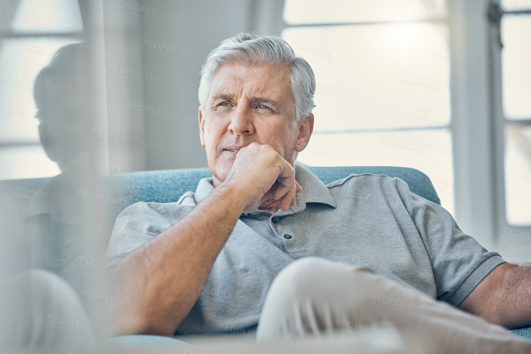 Buy stock photo Thinking, senior man and relax on sofa in a living room, pensive and content in his home alone. Retirement, peace and elderly man resting on a couch, daydream, peaceful and calm, satisfied and proud