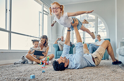 Buy stock photo Happy family, love and girl with father on a living room floor for airplane, game and playing in their home together. Family, kids and fly fantasy by child and parent bond, fun and relax on a carpet