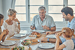 Together, food and happy family lunch with chicken, bread and nutritionist salad for quality time feast, buffet or meal. Love, bond and thanksgiving turkey brunch for parents, grandparents and child