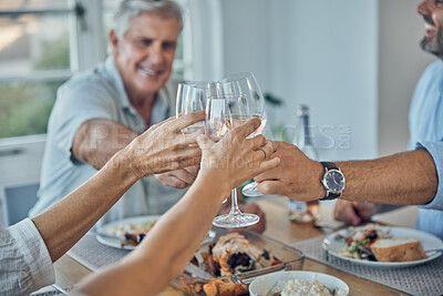 Buy stock photo Toast with a glass of wine, lunch and happy family cheers in celebration for family reunion, bonding or brunch buffet. Brunch food, alcohol drink and group of friends celebrate good news at event